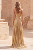 Strapless Gold A-Line Pleated Long Prom Dress