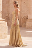 Strapless Gold A-Line Pleated Long Prom Dress