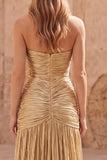Strapless Gold A-Line Pleated Long Prom Dress