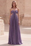 Halter Purple A-Line Cut Out Pleated Long Prom Dress