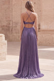 Halter Purple A-Line Cut Out Pleated Long Prom Dress