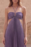 Halter Purple A-Line Cut Out Pleated Long Prom Dress