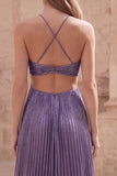 Halter Purple A-Line Cut Out Pleated Long Prom Dress