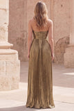 Dark Gold Pleated A-Line Sweetheart Long Prom Dress with Slit