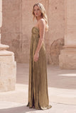 Dark Gold Pleated A-Line Sweetheart Long Prom Dress with Slit