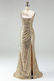 Sparkly Gold Mermaid One Shoulder Ruched Long Prom Dress with Slit