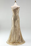 Sparkly Gold Mermaid One Shoulder Ruched Long Prom Dress with Slit