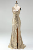 Sparkly Gold Mermaid One Shoulder Ruched Long Prom Dress with Slit