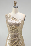 Sparkly Gold Mermaid One Shoulder Ruched Long Prom Dress with Slit