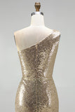 Sparkly Gold Mermaid One Shoulder Ruched Long Prom Dress with Slit