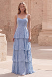 Dusty Blue A-Line Spaghetti Straps Tiered Ruffle Floral Maxi Dress