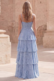 Dusty Blue A-Line Spaghetti Straps Tiered Ruffle Floral Maxi Dress