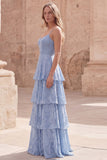 Dusty Blue A-Line Spaghetti Straps Tiered Ruffle Floral Maxi Dress