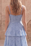 Dusty Blue A-Line Spaghetti Straps Tiered Ruffle Floral Maxi Dress