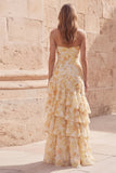 Yellow Flower Sweetheart Sheath Cut Out Long Prom Dress with Ruffles