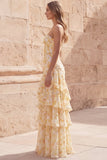 Yellow Flower Sweetheart Sheath Cut Out Long Prom Dress with Ruffles
