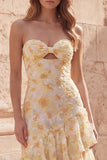 Yellow Flower Sweetheart Sheath Cut Out Long Prom Dress with Ruffles