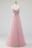 Pink A-Line Sweetheart Long Tulle Prom Dress with Beading