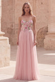 Pink A-Line Sweetheart Long Tulle Prom Dress with Beading