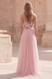 Pink A-Line Sweetheart Long Tulle Prom Dress with Beading