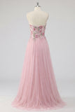 Pink A-Line Sweetheart Long Tulle Prom Dress with Beading