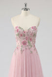 Pink A-Line Sweetheart Long Tulle Prom Dress with Beading