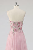 Pink A-Line Sweetheart Long Tulle Prom Dress with Beading