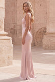 Pink Mermaid Satin Wide Straps Long Prom Dress with Lace Up Back