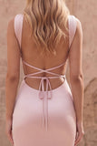 Pink Mermaid Satin Wide Straps Long Prom Dress with Lace Up Back