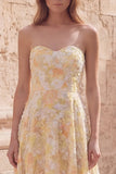 Yellow A-Line Sweetheart Midi Floral Dress