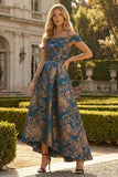 Peacock Blue A Line Off the Shoulder Asymmetrical Floral Dress