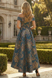 Peacock Blue A Line Off the Shoulder Asymmetrical Floral Dress