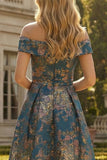Peacock Blue A Line Off the Shoulder Asymmetrical Floral Dress