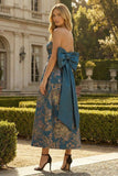 Peacock Blue Strapless A Line Long Floral Dress with Bow