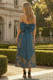 Peacock Blue Strapless A Line Long Floral Dress with Bow
