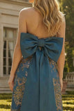 Peacock Blue Strapless A Line Long Floral Dress with Bow