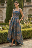 Peacock Blue A Line Sqaure Neck Long Floral Dress