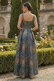 Peacock Blue A Line Sqaure Neck Long Floral Dress