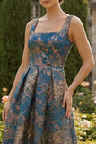 Peacock Blue A Line Sqaure Neck Long Floral Dress