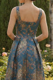 Peacock Blue A Line Sqaure Neck Long Floral Dress