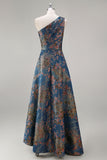 Peacock Blue Jacquare One Shoulder A Line Asymmetrical Floral Dress