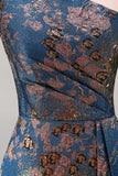 Peacock Blue Jacquare One Shoulder A Line Asymmetrical Floral Dress