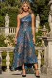 Peacock Blue A Line One Shoulder Long Jacquard Floral Dress