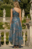 Peacock Blue A Line One Shoulder Long Jacquard Floral Dress