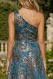 Peacock Blue A Line One Shoulder Long Jacquard Floral Dress