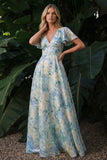 Light GreenV-Neck A Line Maxi Floral Dress with Short Sleeves