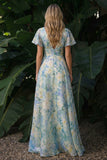 Light GreenV-Neck A Line Maxi Floral Dress with Short Sleeves