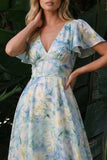 Light GreenV-Neck A Line Maxi Floral Dress with Short Sleeves