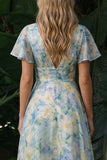 Light GreenV-Neck A Line Maxi Floral Dress with Short Sleeves