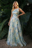 Light Green A Line Boat Neck Long Floral Dress